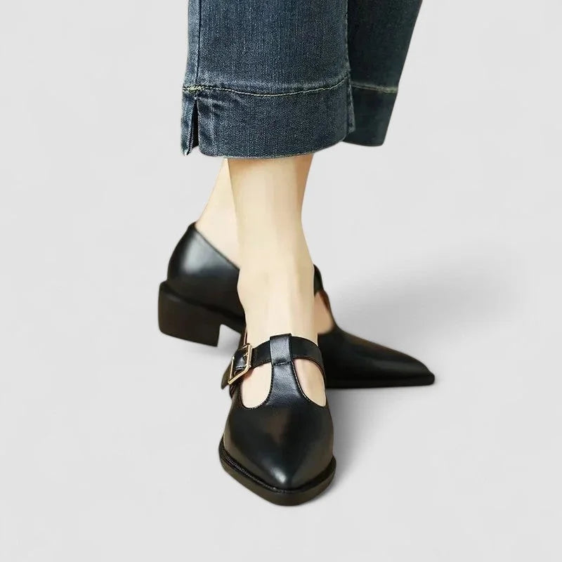 Women's leather pointed-toe T-strap shoes with block-heel buckle closure