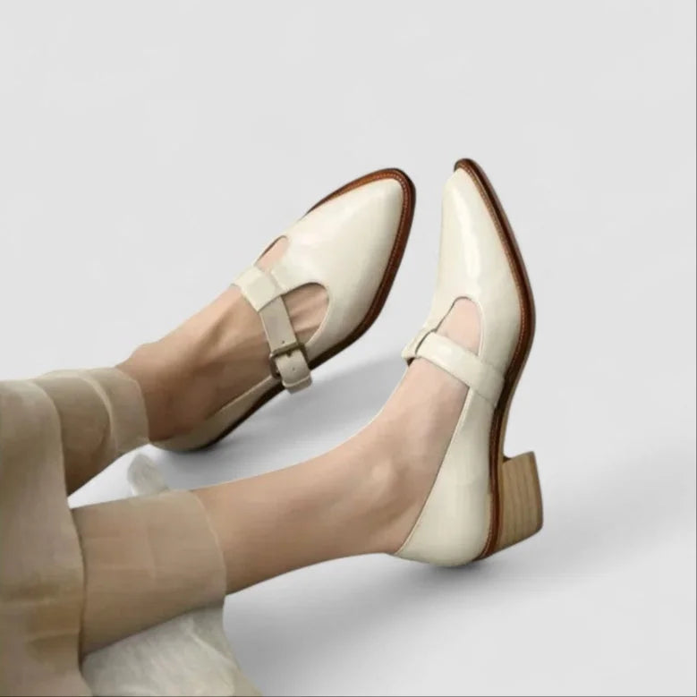 Women's leather pointed-toe T-strap shoes with block-heel buckle closure – Beige