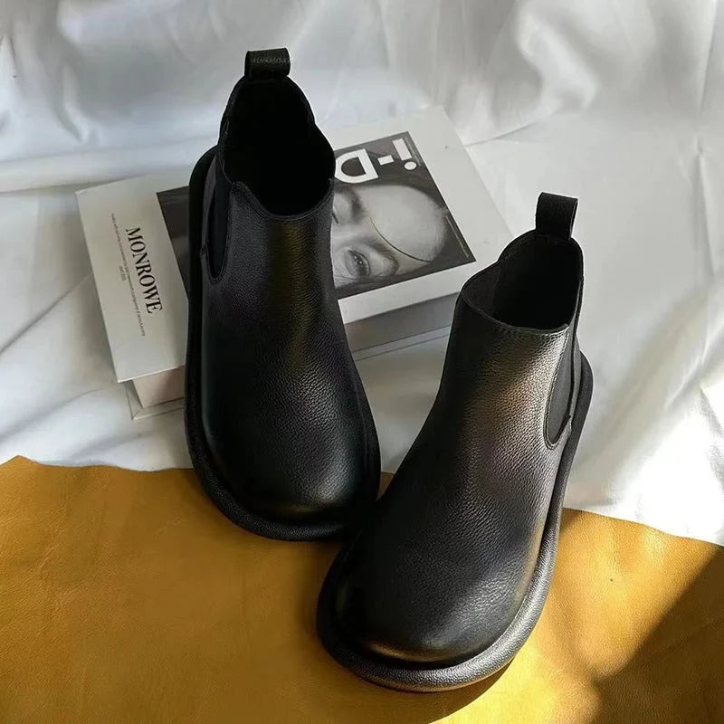 Women's leather slip-on Chelsea ankle boots with round toe
