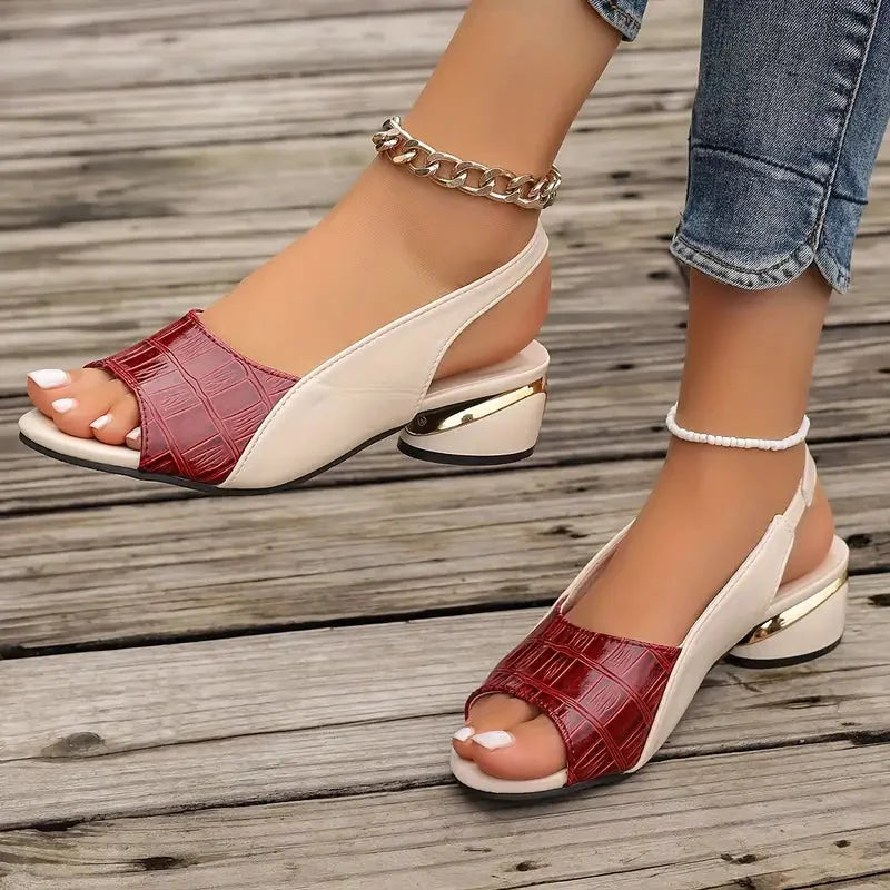 Women's leather two-tone sandals with textured open-toe slingback and block heel