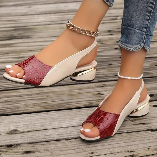 Women's leather two-tone sandals with textured open-toe slingback and block heel