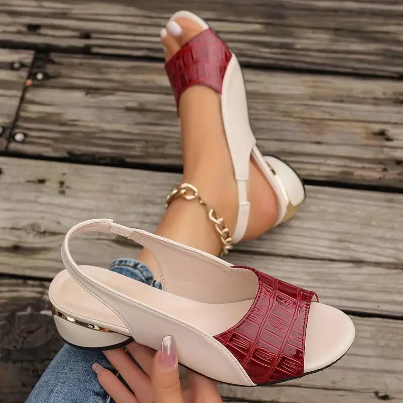 Women's leather two-tone sandals with textured open-toe slingback and block heel