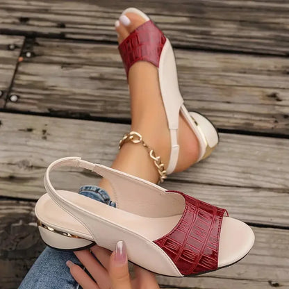 Women's leather two-tone sandals with textured open-toe slingback and block heel