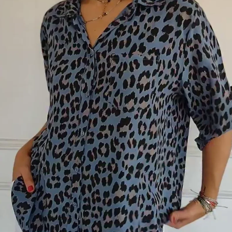 Women's leopard-print button-front blouse with rolled 3/4 sleeves and V-neck – Blue