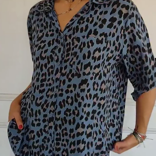 Women's leopard-print button-front blouse with rolled 3/4 sleeves and V-neck – Blue