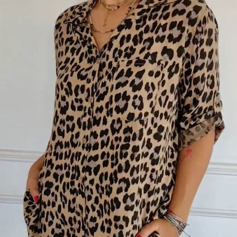 Women's leopard-print button-front blouse with rolled 3/4 sleeves and V-neck – Brown