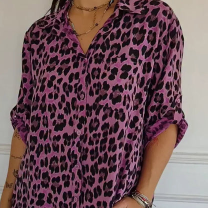 Women's leopard-print button-front blouse with rolled 3/4 sleeves and V-neck – Purple