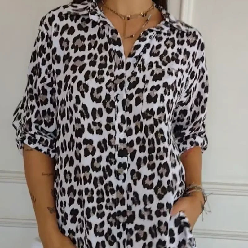 Women's leopard-print button-front blouse with rolled 3/4 sleeves and V-neck – White