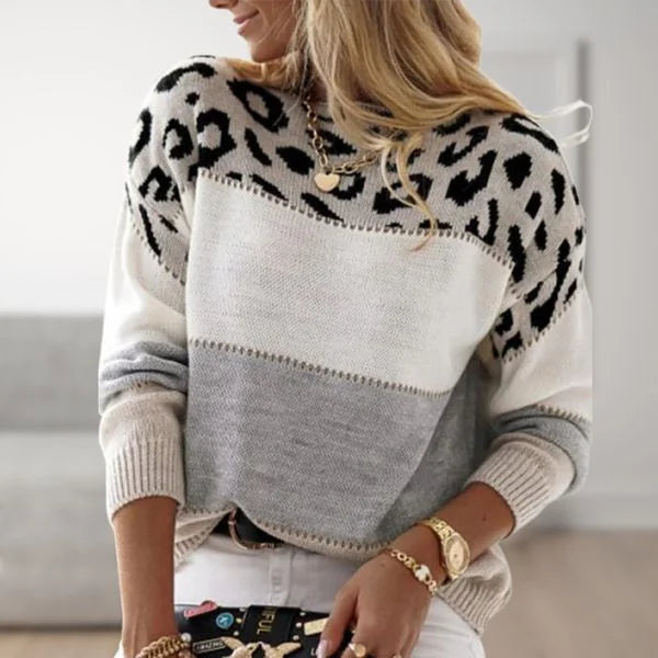 Women's leopard print color-block knit sweater with ribbed cuffs – Grey