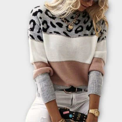 Women's leopard print color-block knit sweater with round neck long sleeves