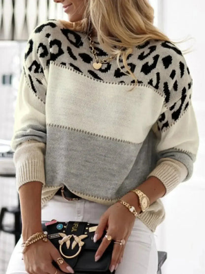 Women's leopard print color-block knit sweater with round neck long sleeves