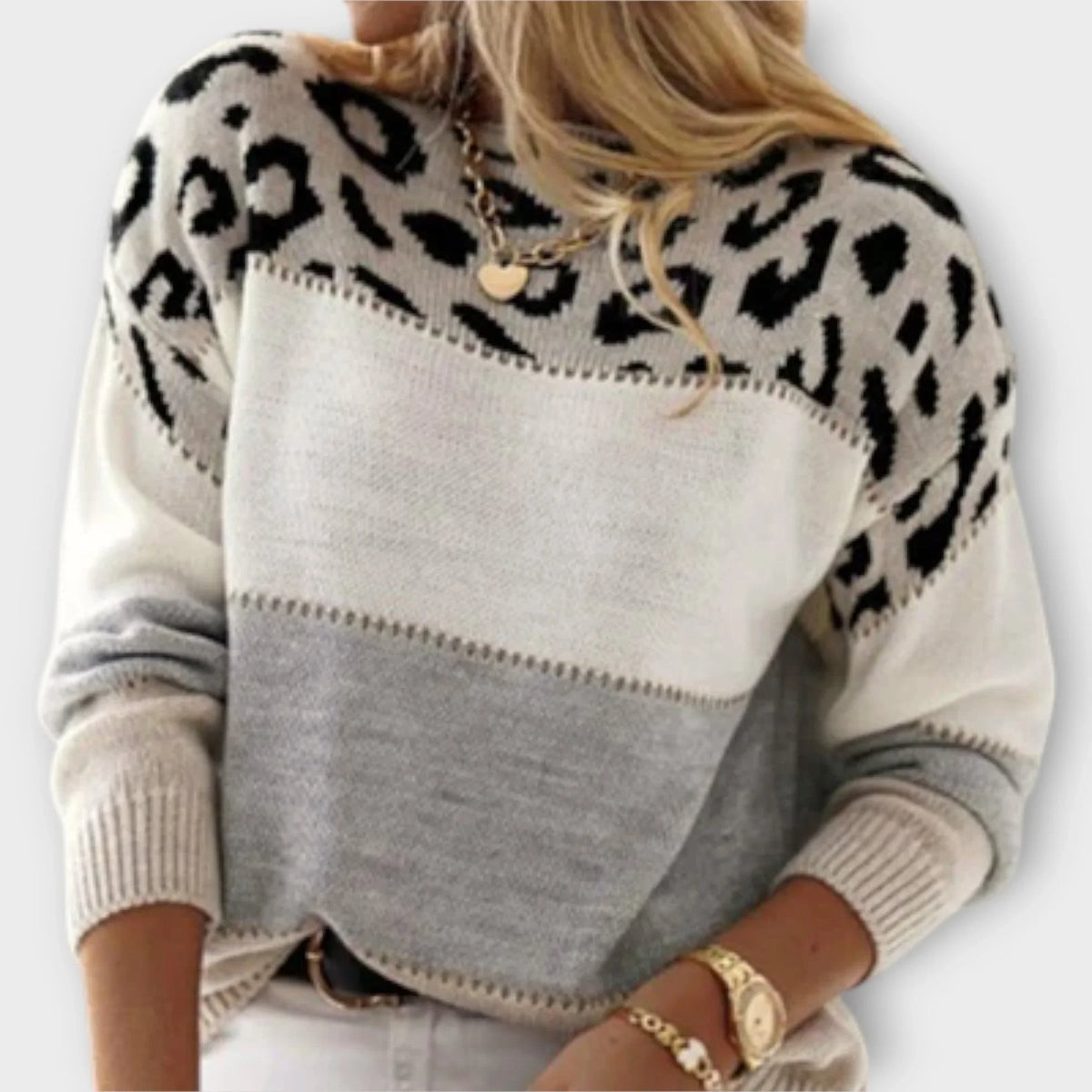 Women's leopard print color-block knit sweater with round neck long sleeves