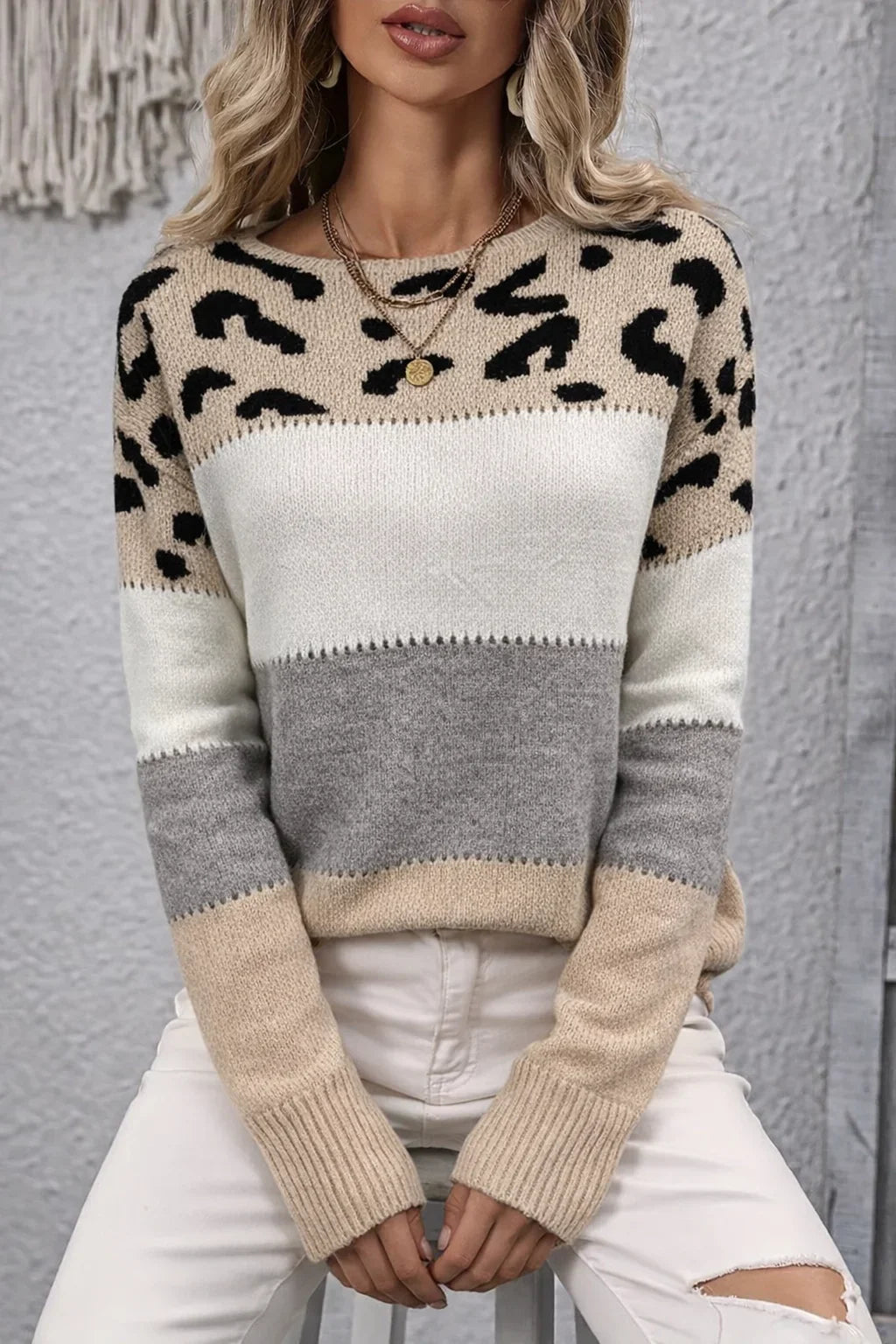 Women's leopard print color-block knit sweater with round neck long sleeves – Beige