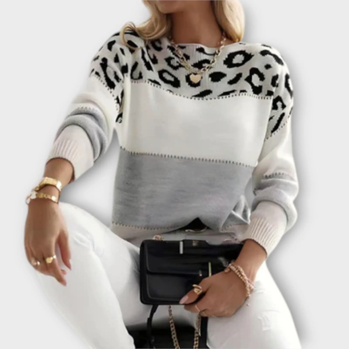 Women's leopard print color-block knit sweater with round neck long sleeves – Grey