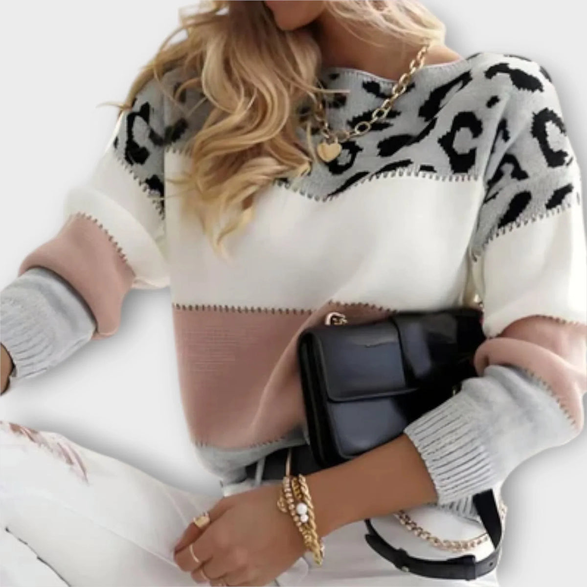 Women's leopard print color-block knit sweater with round neck long sleeves – Pink