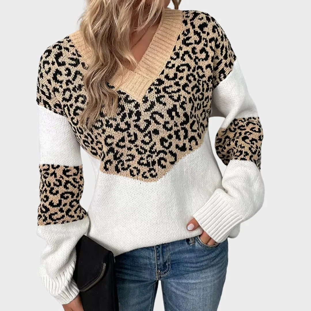 Women's leopard print color-block knit sweater with V-neck and long sleeves – Beige