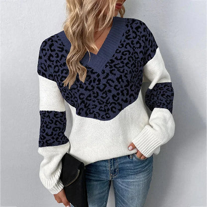 Women's leopard print color-block knit sweater with V-neck and long sleeves – Dark Blue