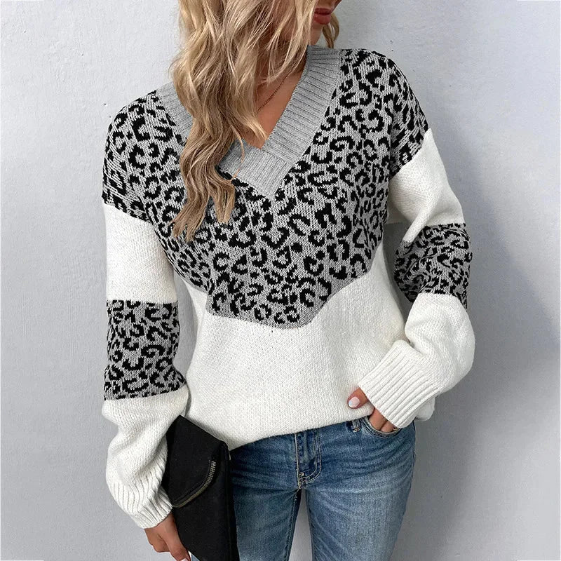 Women's leopard print color-block knit sweater with V-neck and long sleeves – Grey