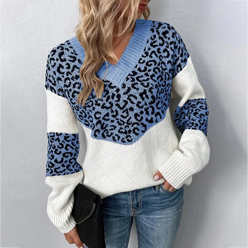 Women's leopard print color-block knit sweater with V-neck and long sleeves – Light Blue