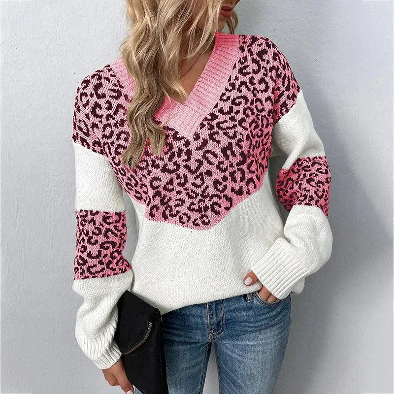 Women's leopard print color-block knit sweater with V-neck and long sleeves – Pink