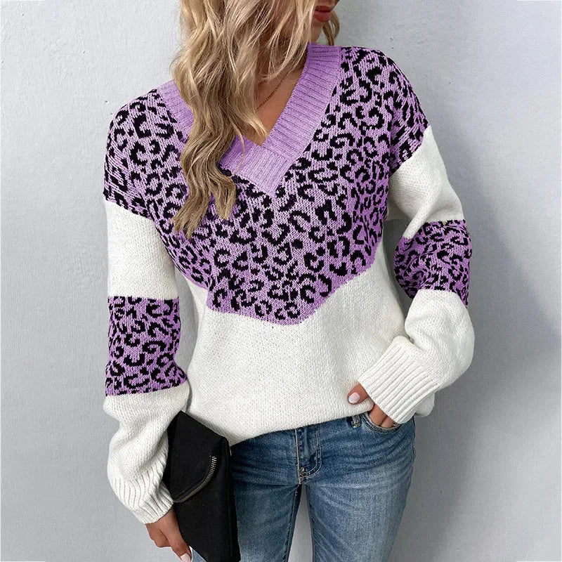 Women's leopard print color-block knit sweater with V-neck and long sleeves – Purple