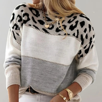 Women's leopard print colorblock knit pullover sweater