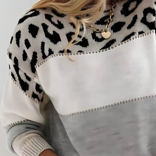 Women's leopard print colorblock knit pullover sweater