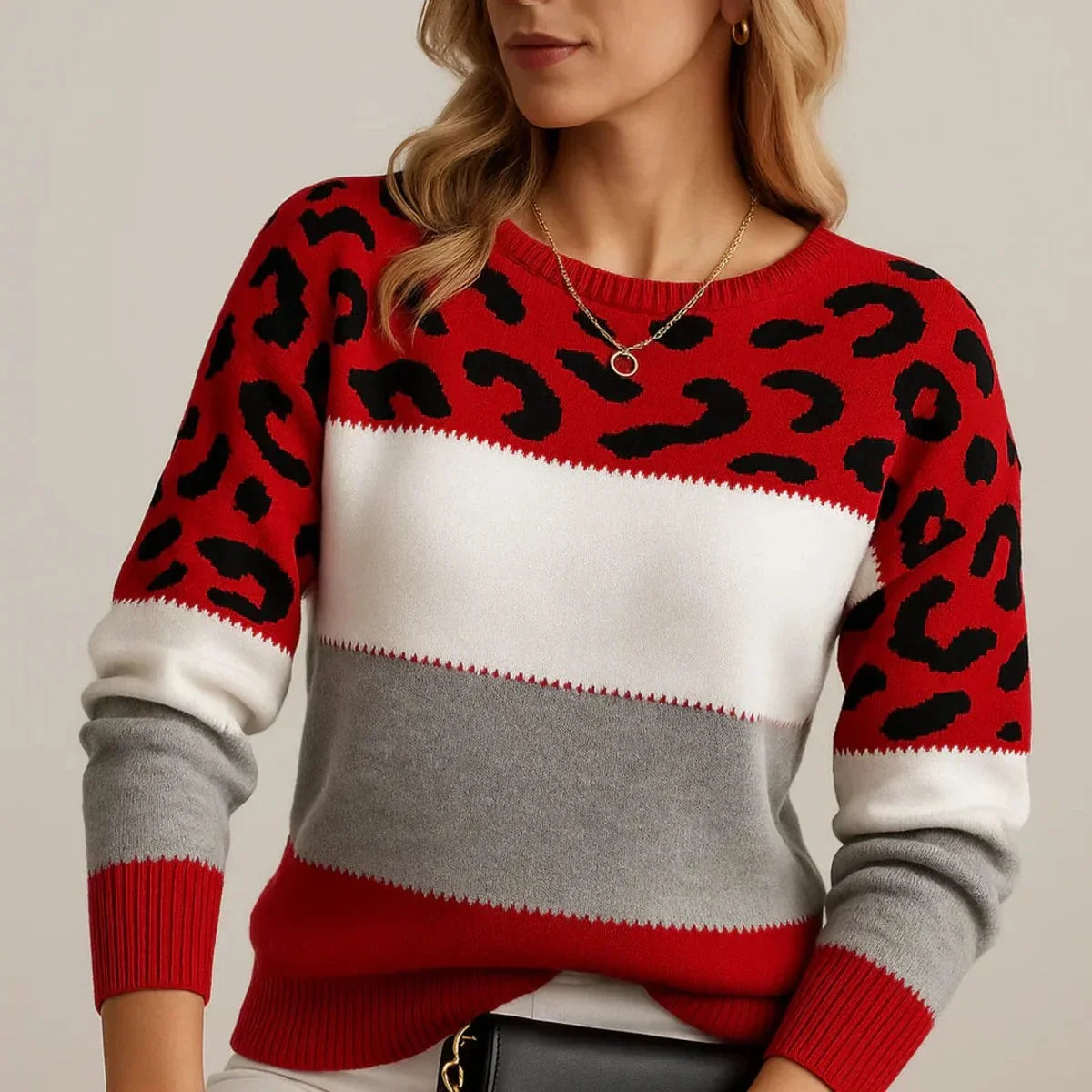 Women's leopard print colorblock knit pullover sweater – Red