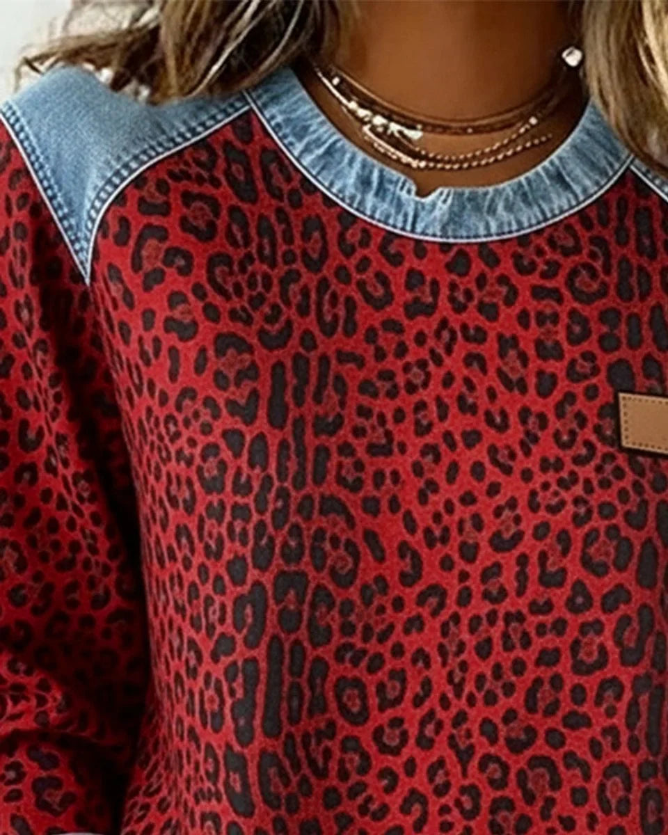 Women's leopard print denim patchwork pullover sweater