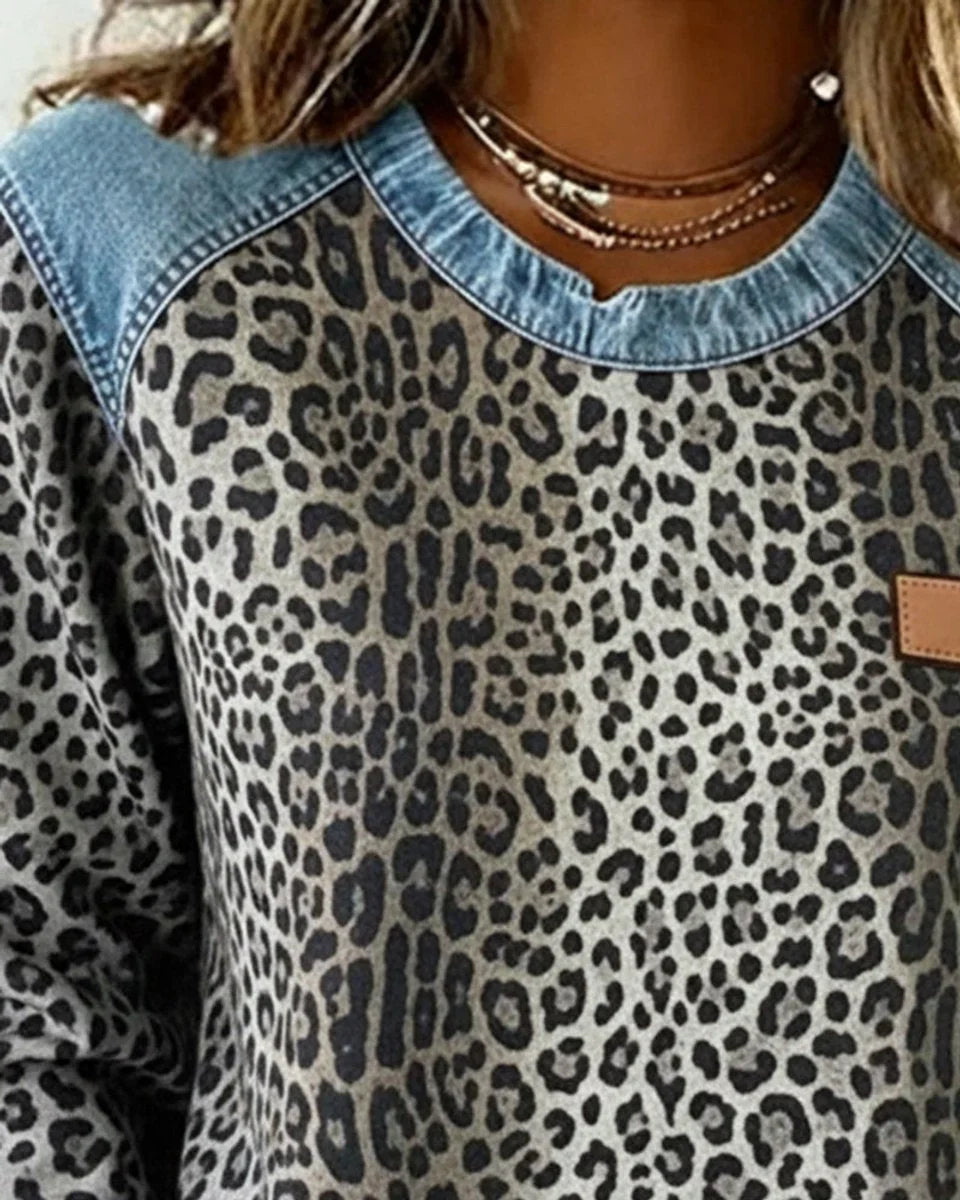Women's leopard print denim patchwork pullover sweater
