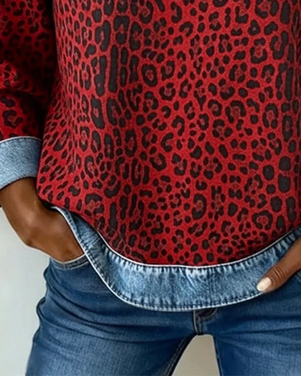 Women's leopard print denim patchwork pullover sweater