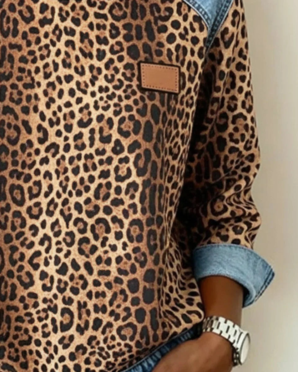 Women's leopard print denim patchwork pullover sweater