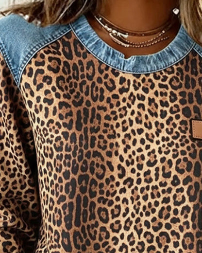 Women's leopard print denim patchwork pullover sweater
