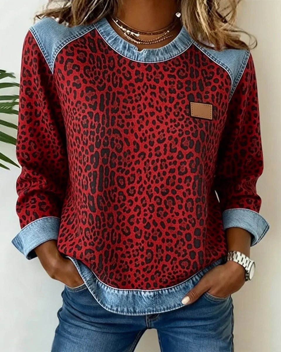 Women's leopard print denim patchwork pullover sweater – Red