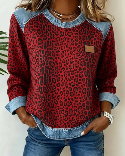 Women's leopard print denim patchwork pullover sweater – Red