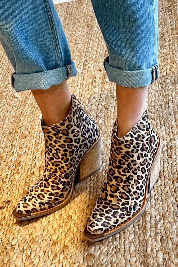 Women's leopard print pointed-toe cowboy ankle boots with stacked heel – Brown