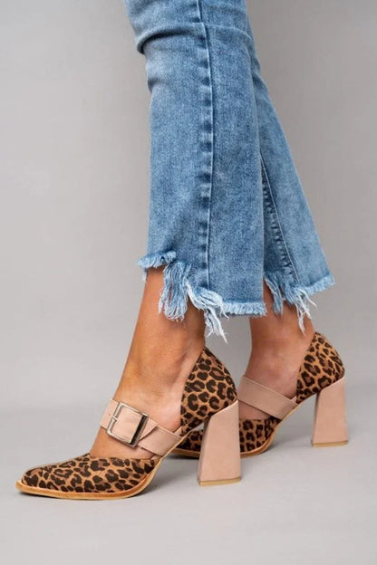 Women's leopard print pointed-toe heels with block heel and adjustable buckle strap – Khaki