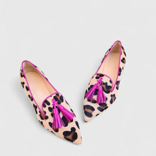 Women's leopard print pointed-toe loafers with tassel detail – Pink
