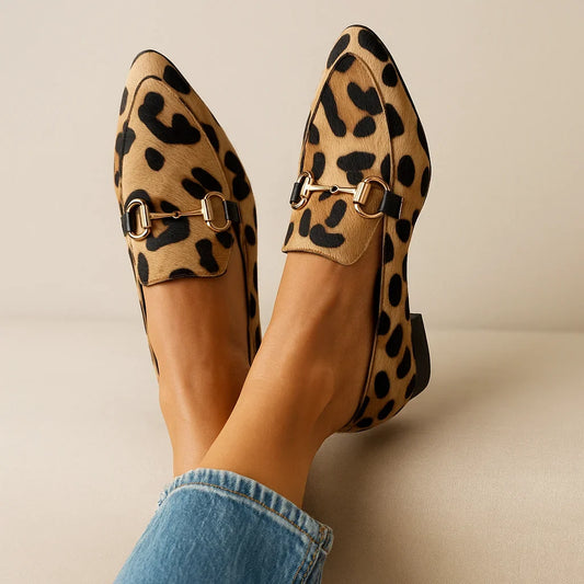Women's leopard print pony-hair pointed-toe loafers with horsebit buckle – Brown