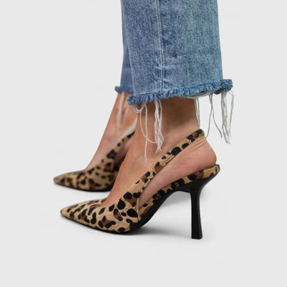 Women's leopard print stiletto heels with slingback pointed-toe design – Brown