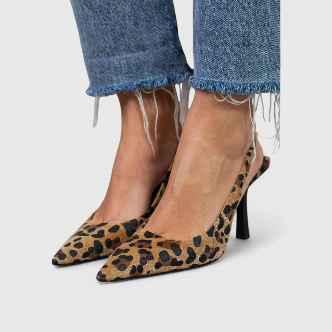 Women's leopard print stiletto heels with slingback pointed-toe design – Brown