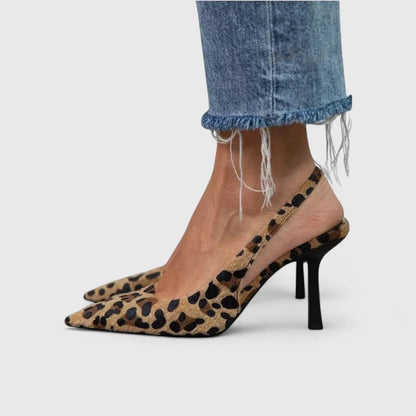Women's leopard print stiletto heels with slingback pointed-toe design – Brown