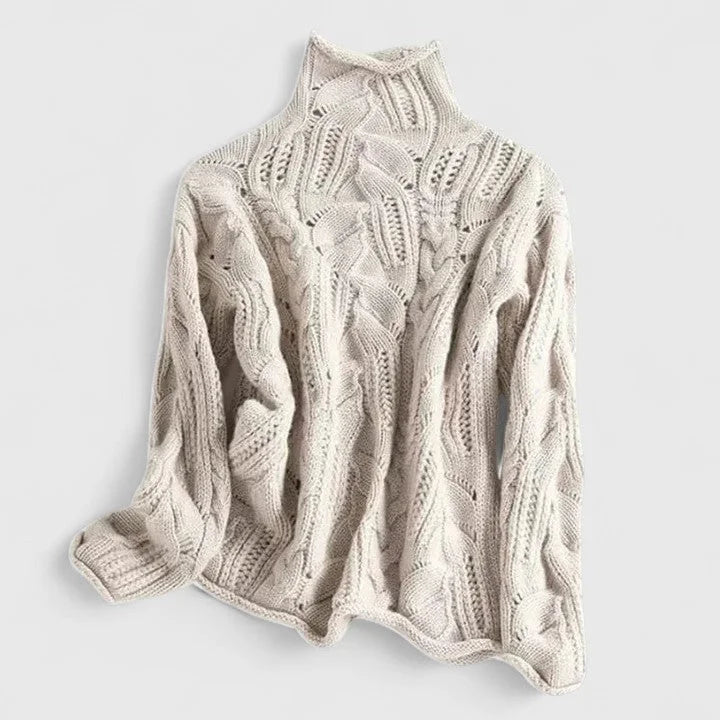 Women's cable knit sweater with turtleneck long sleeves relaxed fit – Beige