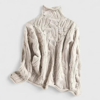 Women's cable knit sweater with turtleneck long sleeves relaxed fit – Beige