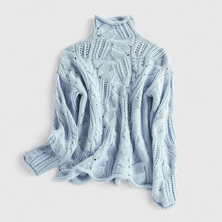 Women's cable knit sweater with turtleneck long sleeves relaxed fit – Blue