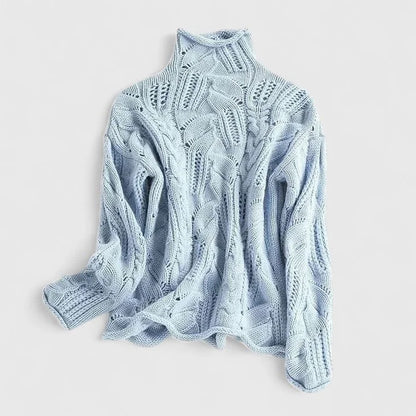 Women's cable knit sweater with turtleneck long sleeves relaxed fit – Blue