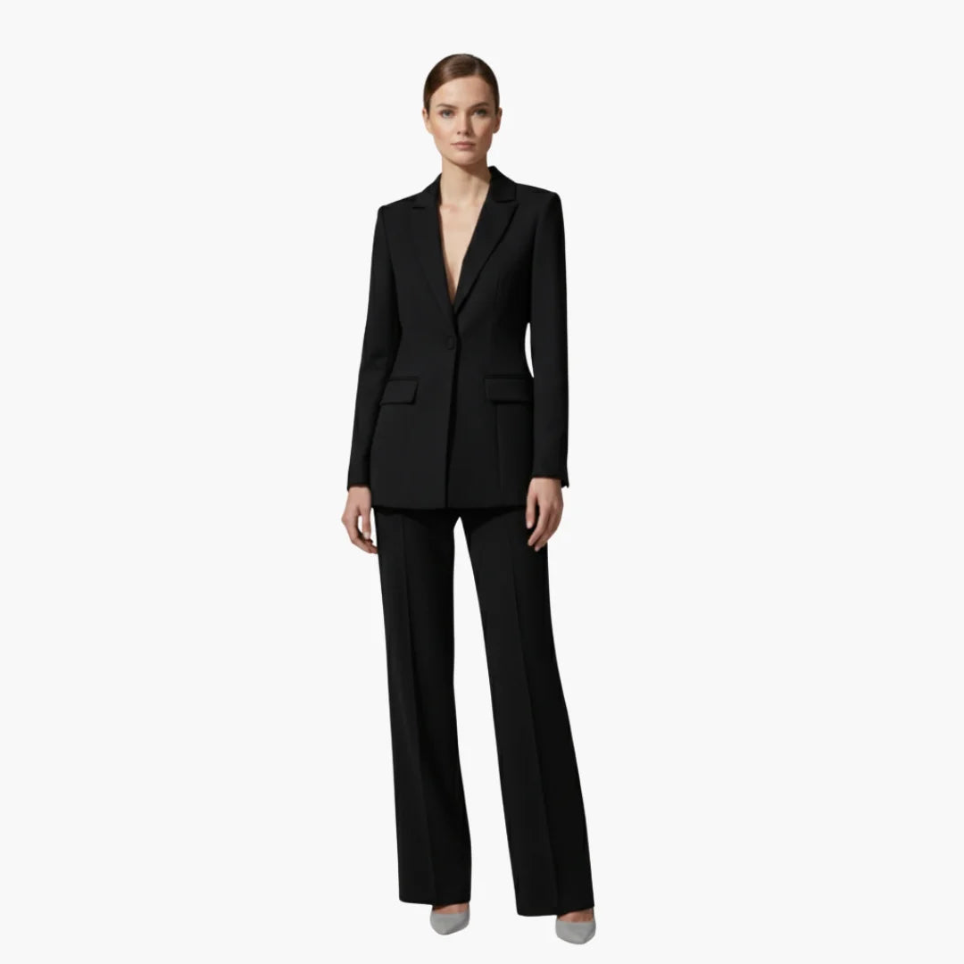 Women's casual denim jacket style blazer and trousers suit set – Black