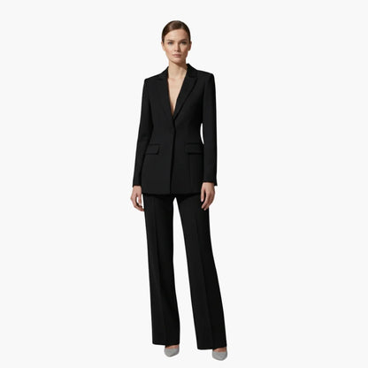 Women's casual denim jacket style blazer and trousers suit set – Black