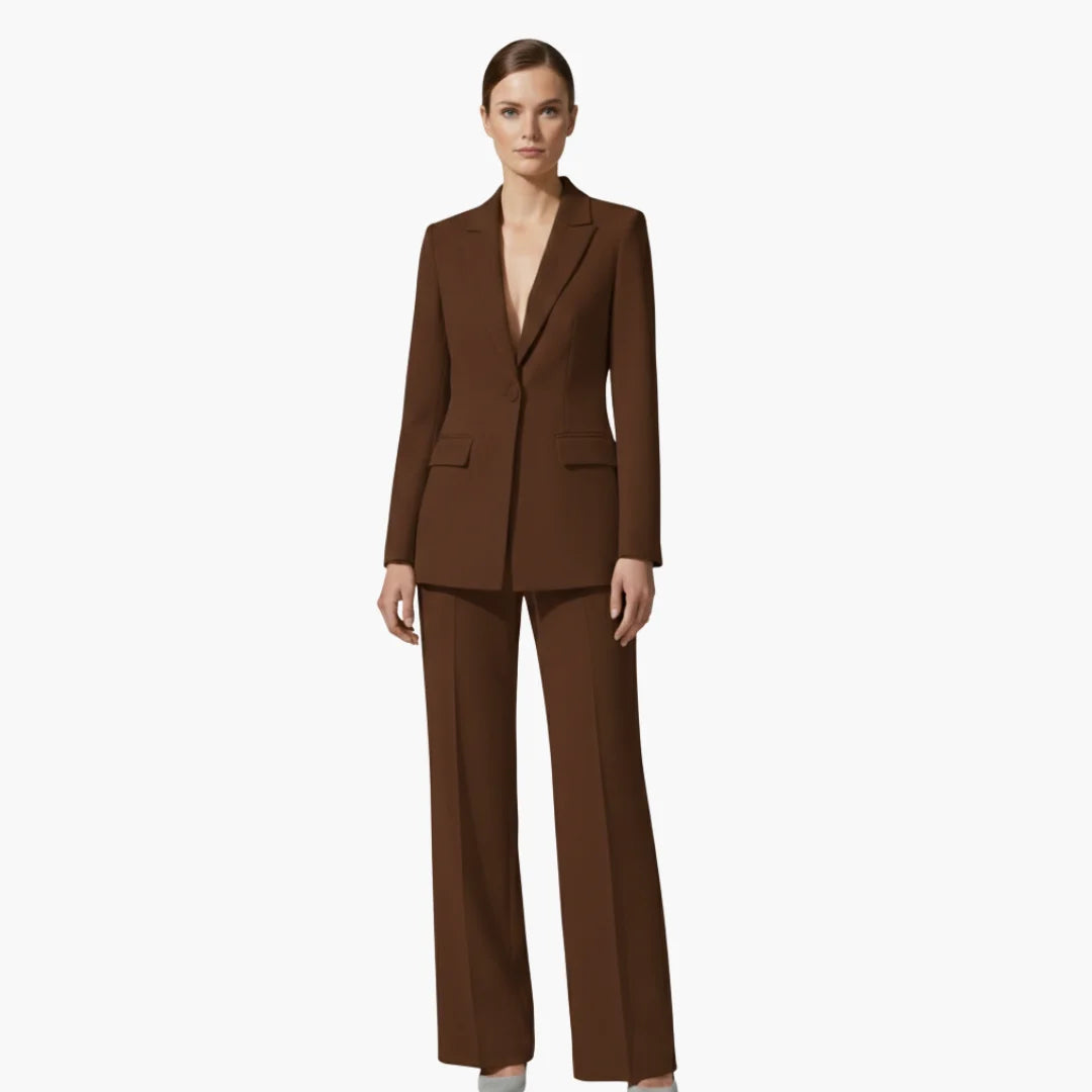 Women's casual denim jacket style blazer and trousers suit set – Brown
