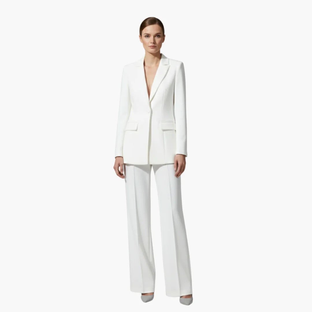 Women's casual denim jacket style blazer and trousers suit set – White